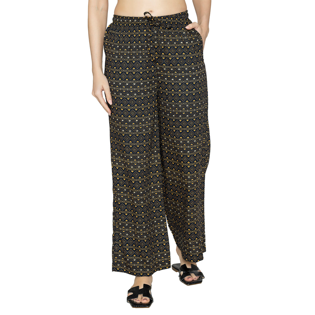 Women Printed Woven Viscose Palazzos - Black/Olive