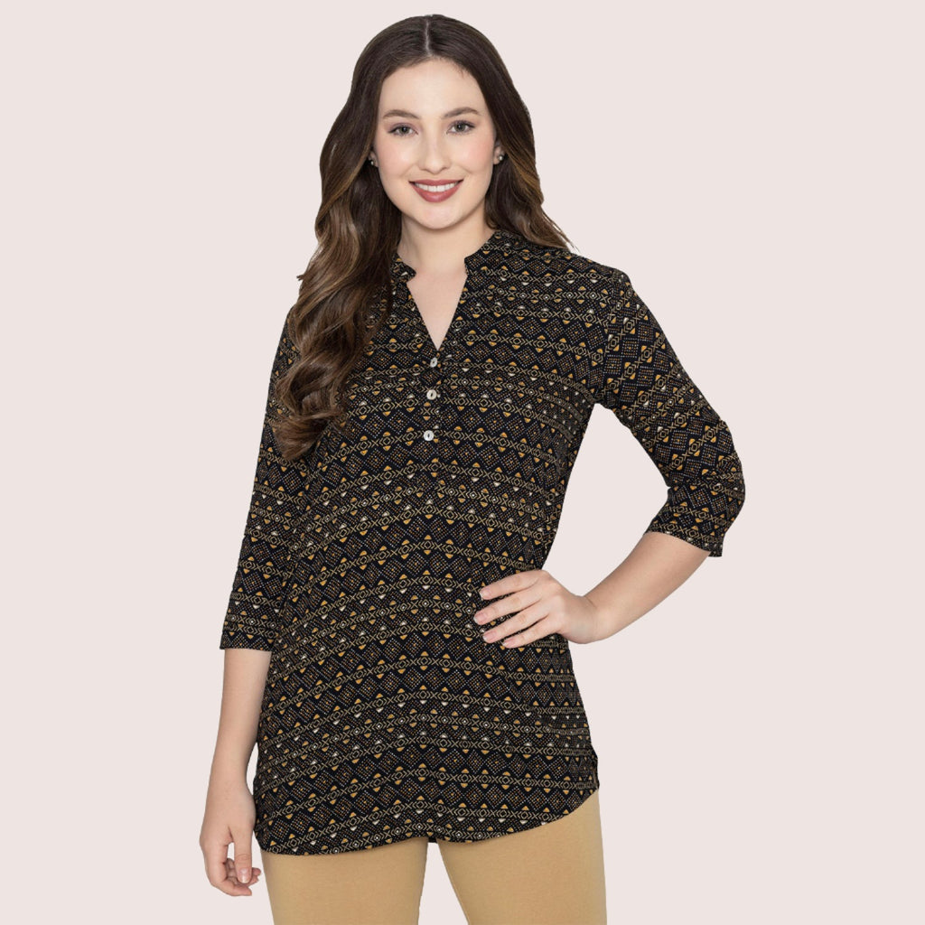 Women Fine Rayon Printed Short Kurtis - Black/Olive