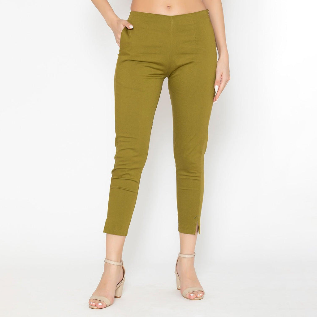 Cotton green solid tapered pants  Fabnest