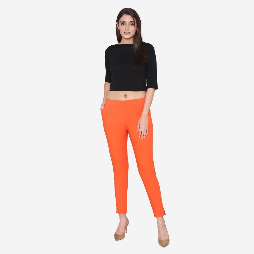 Vami Women's Cotton Stretchable Ankle Leggings - Vibrant Orange – BONJOUR