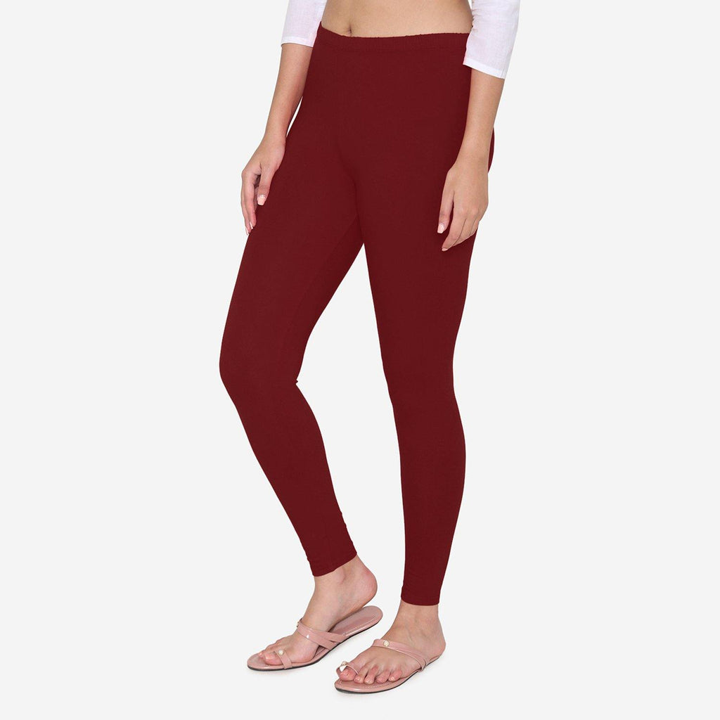 Vami Women's Cotton Stretchable Ankle Leggings - Dark Maroon – BONJOUR