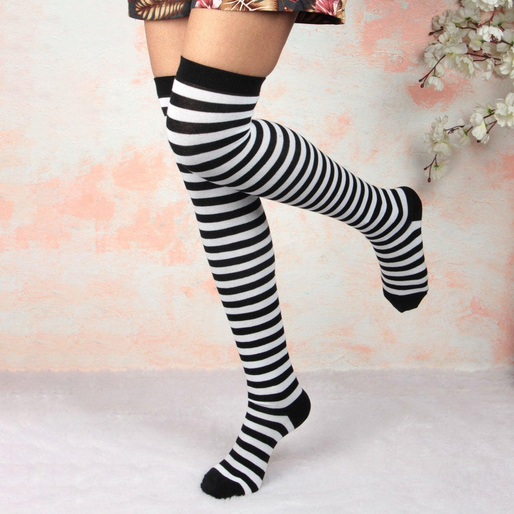 Extra Long Thigh High Socks, Black Color White Stripe Knee Socks, Over Knee  Sock