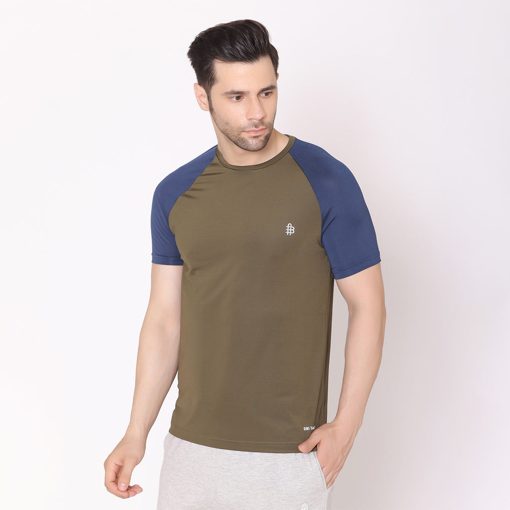 Men's Regular Fit Half Sleeves Sports & Gym T-Shirt - Olive/Airforce